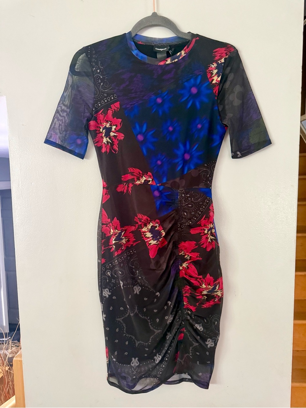 Desigual Floral Patchwork Ruched Tulle Mesh Dress - Size XS